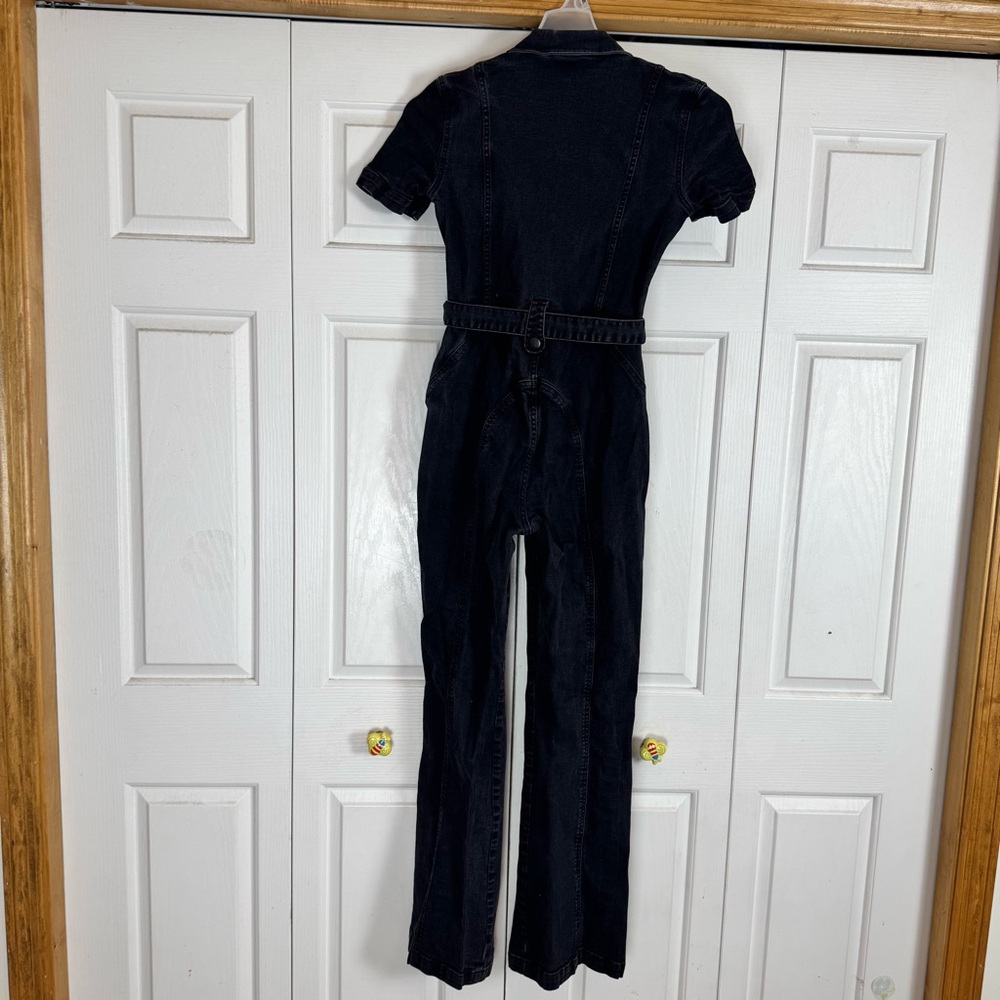 Suki So Black Denim Jumpsuit Zip Front Collar Belted Flare Leg Women's S - Picture 4 of 8
